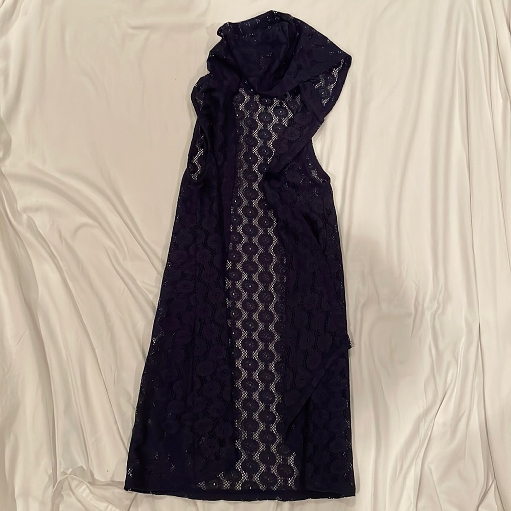 Navy Blue Hooded Sleeveless Lace Cardigan